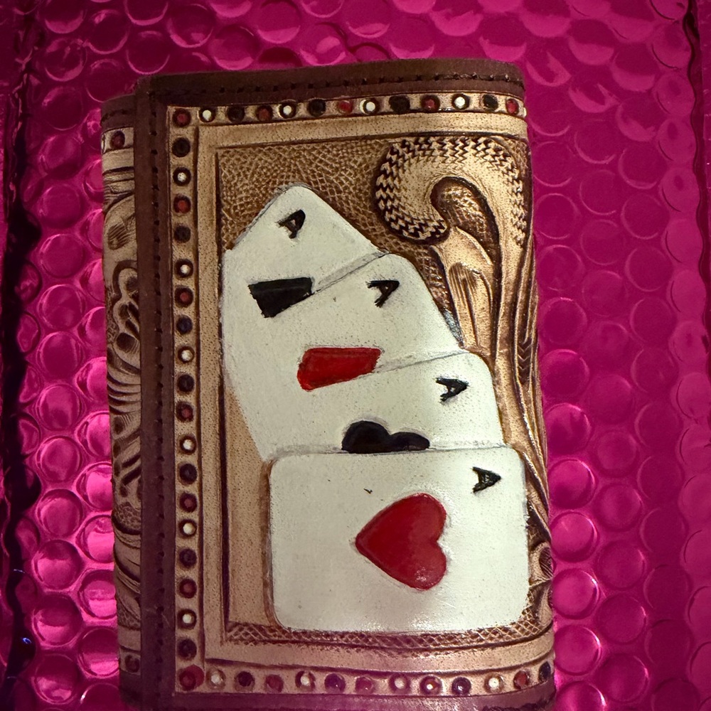 Hand-Tooled Leather Wallet with Playing Card Motif